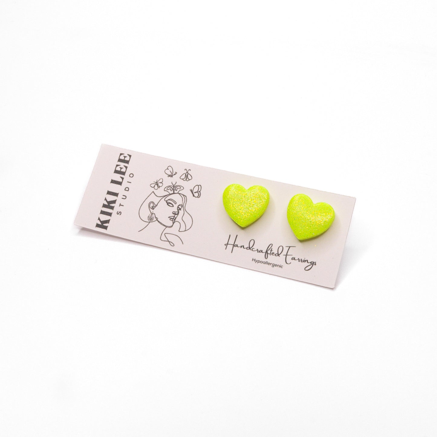 Chartreuse Glitter Heart Studs