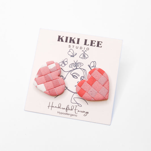 XL Heart Studs - Pink Checker