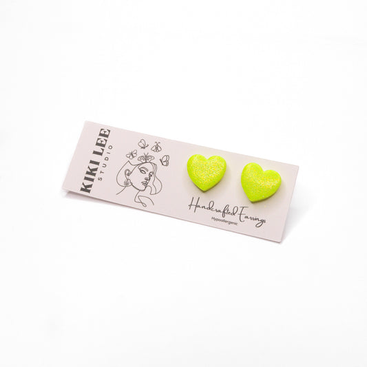 Chartreuse Glitter Heart Studs